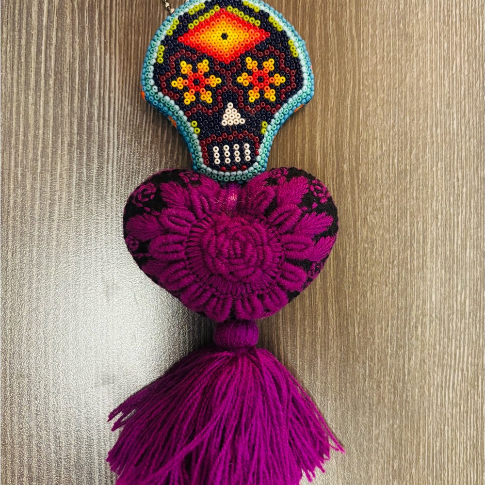 Consuela Multicolor Beaded Skull and Heart Tassel Keychain